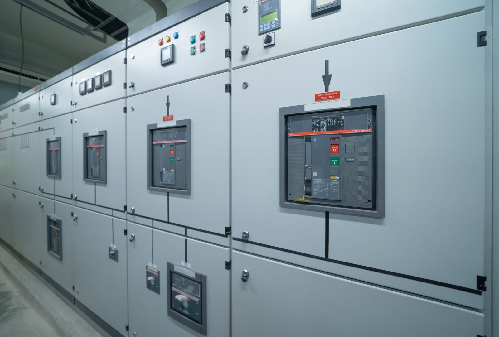 Interior of electrical room. Power energy motor machinery cabinets in control or server room, main operator station network and circuit center in industry factory manufacturing system. generator